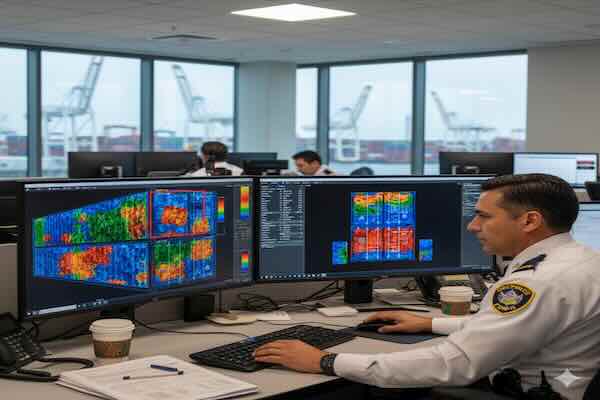 Cargo X-ray screening operator analyzing container scan