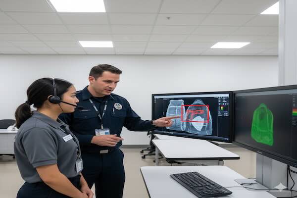 TSA screener analyzing X-ray baggage image for threat detection training